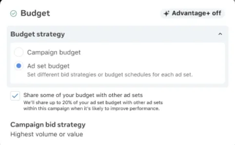 Example of screen shot from where Meta ads hides the ad set budget sharing.