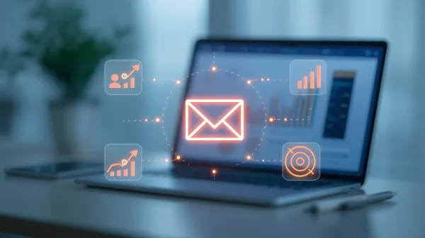 Laptop faded in background with email symbol highlighted in front of the laptop