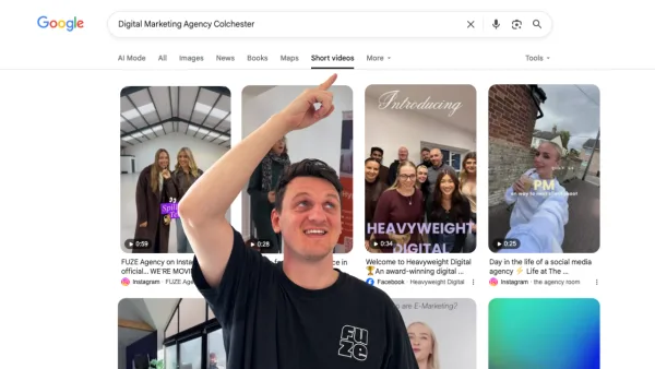 Rhys (member of fuze team) overlaid on a screenshot of results for Digital Marketing Agency Colchester showing in particular the Google Short Video results.