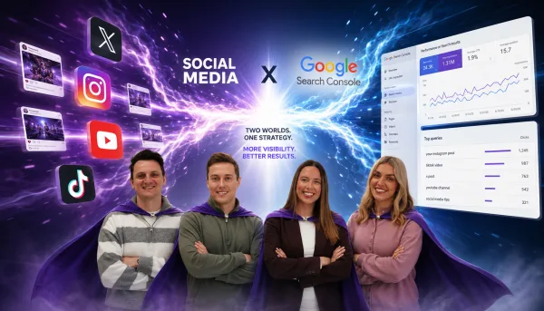 Rhys, Ronnie, Ella and Amelia standing in a row with arms folded and superhero capes on, showing the coming together of Google Search Console and Social Media posts, showing in Google Search results