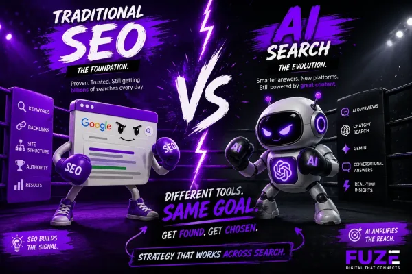 ai image of a cartoon google search in a boxing match with an AI bot with seo and ai search going head to head