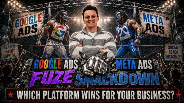Rhys in the foreground with a WWF-style face-off behind him, including Google Ads vs Meta ads at the FUZE Smackdown event, with the words "which platform wins for your business"