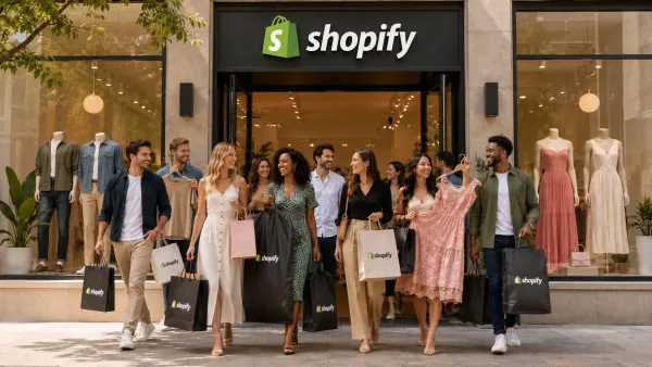 Row of happy smiling people leaving a shop called Shopify all with lots of bags in their hands showing clear purchases. Shop in the background has a large Shopify logo above it.