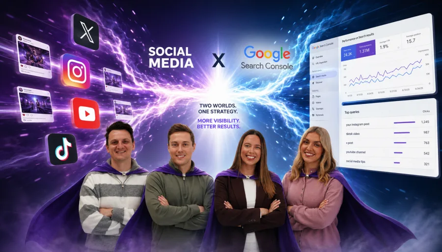 Rhys, Ronnie, Ella and Amelia standing in a row with arms folded and superhero capes on, showing the coming together of Google Search Console and Social Media posts, showing in Google Search results