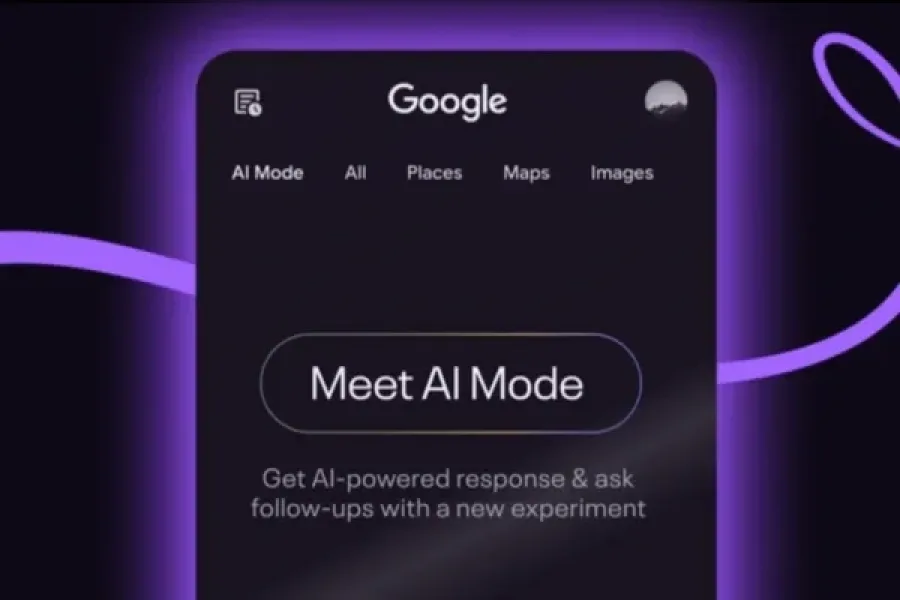 Screenshot of the new Google display on Google that states "Meet AI Mode" on a screen with a FUZE Agency purple strip in the background and highlighting the phone edge.