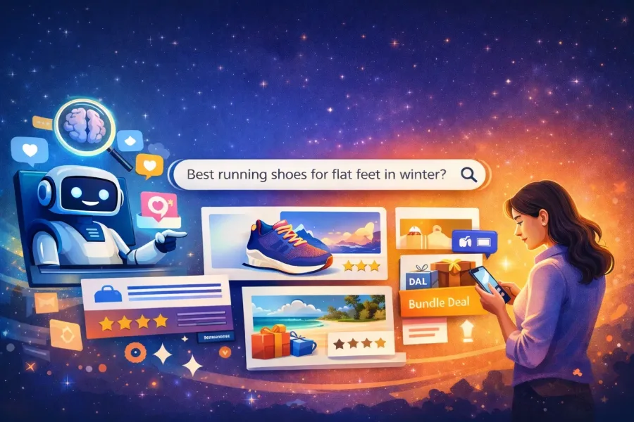 Women is doing a detailed Google search that is called best running shoes for flat feet in the winter and is presented with lots of information rather then simple Google Ads.