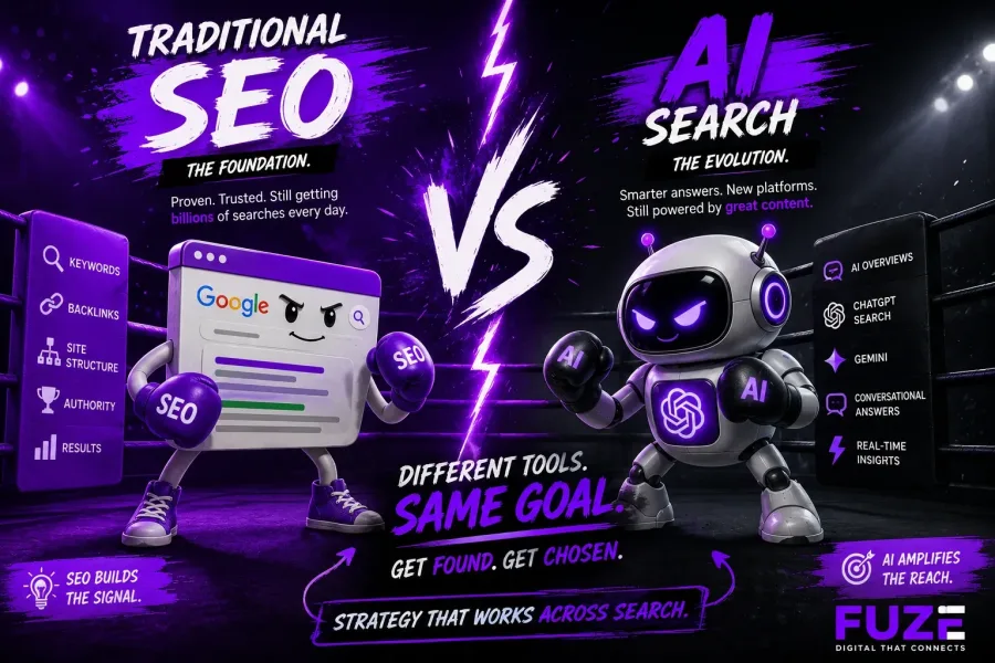 ai image of a cartoon google search in a boxing match with an AI bot with seo and ai search going head to head
