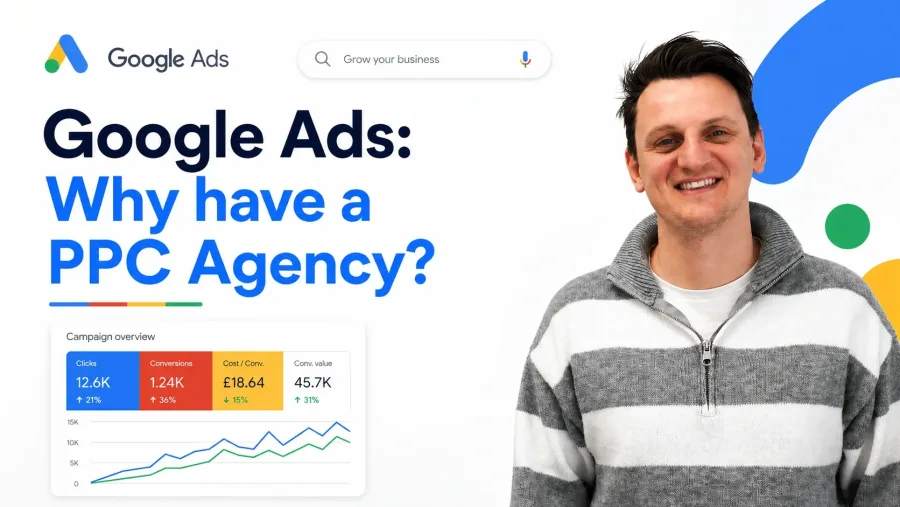Image of Rhys from the FUZE Agency team smiling in a white and grey striped jumper with the words Google Ads: Why have a ppc agency? next to him.