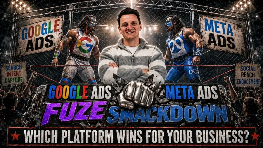 Rhys in the foreground with a WWF-style face-off behind him, including Google Ads vs Meta ads at the FUZE Smackdown event, with the words "which platform wins for your business"