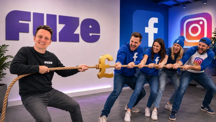 Rhys dressed in a black FUZE jumper, pulling on a tug-of-war rope with the pound symbol in the middle with 4 members of the Meta Ads team in Facebook and Instagram branded clothing on the other end of the tug-of-war rope